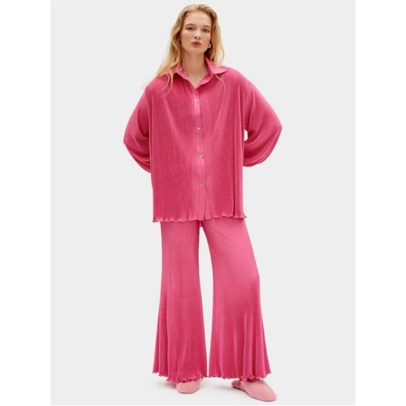 SLEEPER Origami Pleated Pull On Wide Leg Pants Size Large Pink Elastic Waistband - Picture 9 of 13